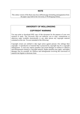 Note University of Wollongong Copyright Warning