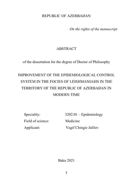 REPUBLIC of AZERBAIJAN on the Rights of the Manuscript ABSTRACT