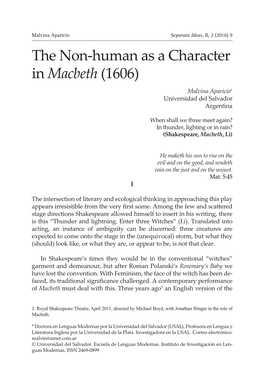 The Non-Human As a Character in Macbeth (1606) Malvina Aparicio∗ Universidad Del Salvador Argentina