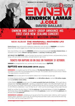 Eminem and Dainty Group Announce His First Ever New Zealand Concert: Rapture 2014 – Western Springs