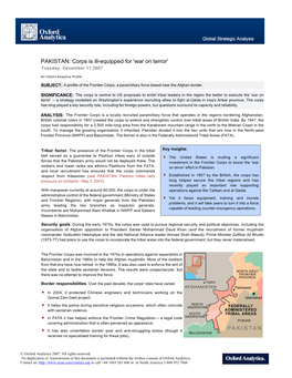 PAKISTAN: Corps Is Ill-Equipped for 'War on Terror' Tuesday, December 11 2007 an Oxford Analytica Profile