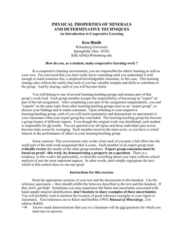 PHYSICAL PROPERTIES of MINERALS and DETERMINATIVE TECHNIQUES an Introduction to Cooperative Learning