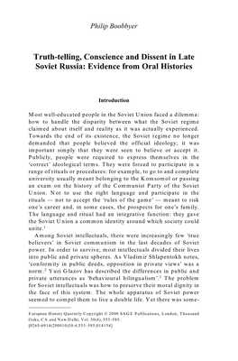 Truth-Telling, Conscience and Dissent in Late Soviet Russia: Evidence from Oral Histories