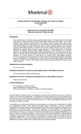 Procès-Verbal De L’Assemblée Ordinaire Du Conseil Municipal Du 20 Août 2018 13 H