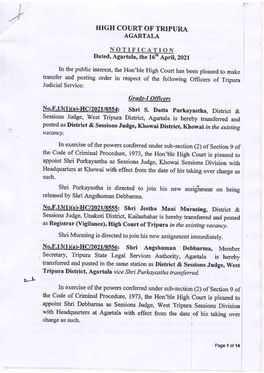 Transfer and Posting of the Following Judicial Officers of Tripura Judicial Service