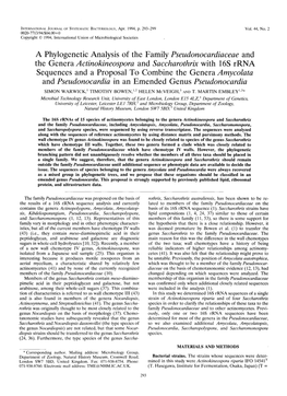 A Phylogenetic Analysis of the Family Pseudonocardiaceae and The