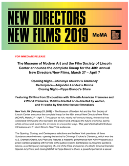 The Museum of Modern Art and the Film Society of Lincoln Center Announce the Complete Lineup for the 48Th Annual New Directors/New Films, March 27 – April 7