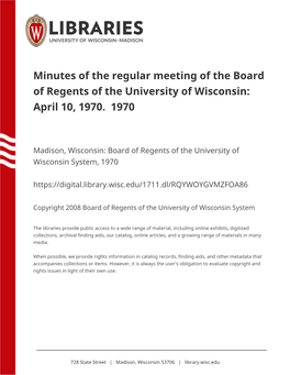 Minutes of the Regular Meeting of the Board of Regents of the University of Wisconsin: April 10, 1970