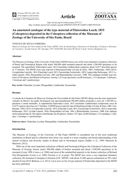 An Annotated Catalogue of the Type Material of Elateroidea Leach, 1815 (Coleoptera) Deposited in the Coleoptera Collection of Th