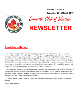 Corvette Club of Windsor NEWSLETTER