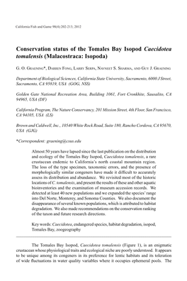 Conservation Status of the Tomales Bay Isopod Caecidotea Tomalensis (Malacostraca: Isopoda)