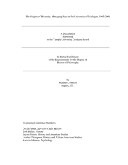 The Origins of Diversity: Managing Race at the University of Michigan, 1963-2006