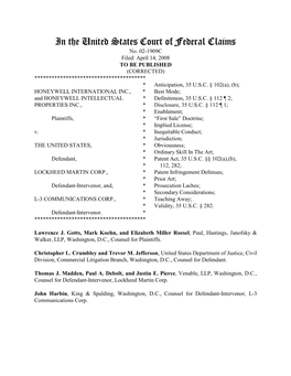 02-1909C • HONEYWELL INTERNATIONAL INC., and HONEYWELL INTELLECTUAL PROPERTIES INC., V. the UNITED STATES