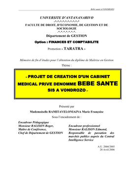 Projet De Creation D'un Cabinet Medical Prive Denomme Bebe Sante Sis a Vondrozo
