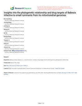 Insights Into the Phylogenetic Relationship and Drug Targets of Babesia Infective to Small Ruminants from Its Mitochondrial Genomes