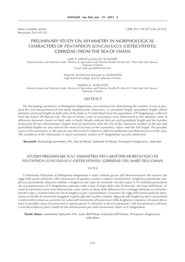 Preliminary Study on Asymmetry in Morphological Characters of Pentaprion Longimanus (Osteichthyes: Gerridae) from the Sea of Oman