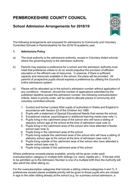 Pembrokeshire's School Admission Arrangement