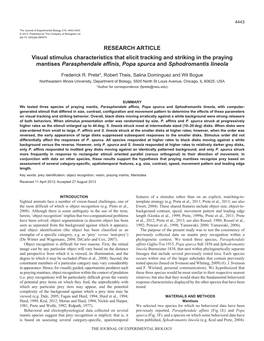 RESEARCH ARTICLE Visual Stimulus Characteristics That Elicit Tracking and Striking in the Praying Mantises Parasphendale Affinis