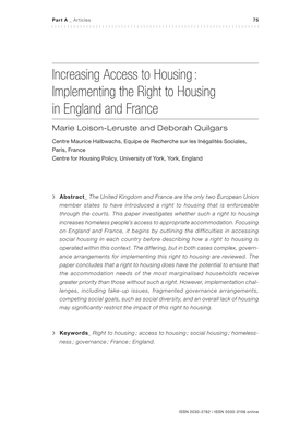 Increasing Access to Housing : Implementing the Right to Housing in England and France