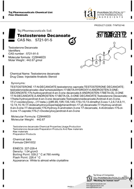 Testosterone Decanoate Cas No 5721-91-5 Manufacturers India