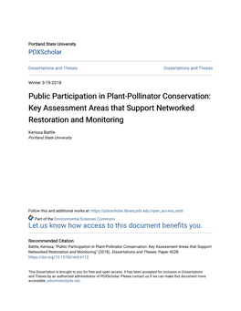 Public Participation in Plant-Pollinator Conservation: Key Assessment Areas That Support Networked Restoration and Monitoring
