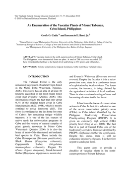 An Enumeration of the Vascular Plants of Mount Tabunan, Cebu Island, Philippines