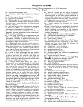 ISLAM Here Is a Chronological Listing of Islamic Conquests Prior to the First Crusade: Year — Event 570 – Muhammad Was Born in Mecca 633 – Battle of Yamama