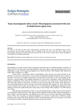 Acari: Mesostigmata) Associated with Ants in Shahrekord Region, Iran