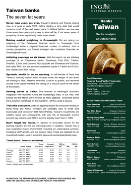 Taiwan Banks FINANCIAL MARKETS the Seven Fat Years