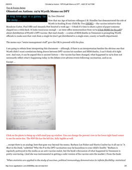 Olmsted on Autism: 1979 Wyeth Memo on DPT ­ AGE of AUTISM Tics & Toxins Series Olmsted on Autism: 1979 Wyeth Memo on DPT