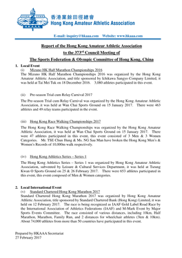 Report of the Hong Kong Amateur Athletic Association to the 373Rd