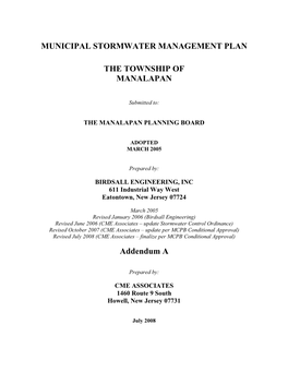 Municipal Stormwater Management Plan the Township of Manalapan