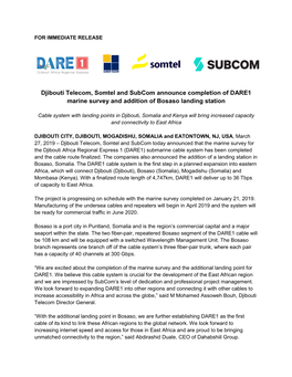 Djibouti Telecom, Somtel and Subcom Announce Completion of DARE1 Marine Survey and Addition of Bosaso Landing Station