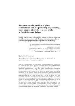 Species-Area Relationships of Plant Communities and the Possibility of Predicting Plant Species Diversity  a Case Study in South-Western Poland