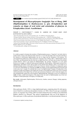 Reassignment of Rhyncaphytoptus Longipalpis Xue Et Hong, 2005 (Diptilomiopidae) to Bambusacarus N