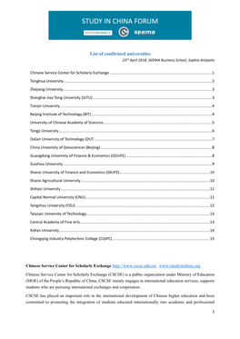 List of Confirmed Universities 23Rd April 2018, SKEMA Business School, Sophia Antipolis