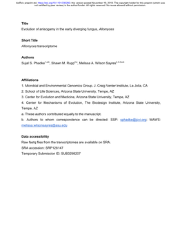 Title Evolution of Anisogamy in the Early Diverging Fungus, Allomyces