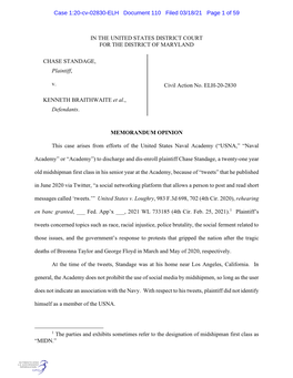 IN the UNITED STATES DISTRICT COURT for the DISTRICT of MARYLAND CHASE STANDAGE, Plaintiff, V. KENNETH BRAITHWAITE Et Al., Defen