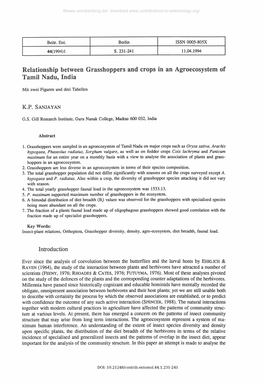 Relationship Between Grasshoppers and Crops in an Agroecosystem of Tamil Nadu, India
