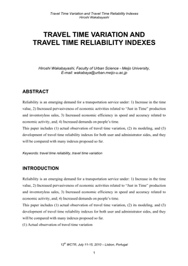 Travel Time Variation and Travel Time Reliability Indexes Hiroshi Wakabayashi