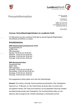 Pressemitteilung Schnelltestmöglichkeiten Landkreis