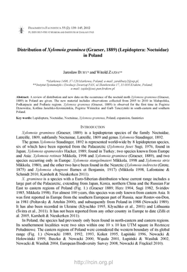 Distribution of Xylomoia Graminea (Graeser, 1889) (Lepidoptera