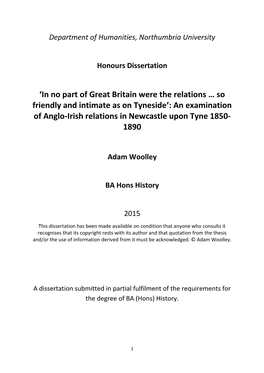 An Examination of Anglo-Irish Relations in Newcastle Upon Tyne 1850- 1890