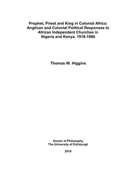 Anglican and Colonial Political Responses to African Independent Churches in Nigeria and Kenya, 1918-1960