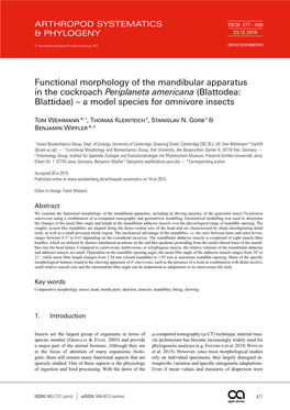 Functional Morphology of the Mandibular Apparatus in the Cockroach Periplaneta Americana (Blattodea: Blattidae) – a Model Species for Omnivore Insects