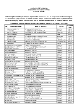 The Following Bankers Cheques in Regard to Payment of Scholarship (2014 to 2016) Under Directorate of Higher Education Are Still Lying Unclaimed