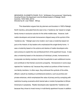 Modern Conveniences”: Multi-Family Housing Choice, the Apartment, and the Modernization of Raleigh, North Carolina, 1918-1929