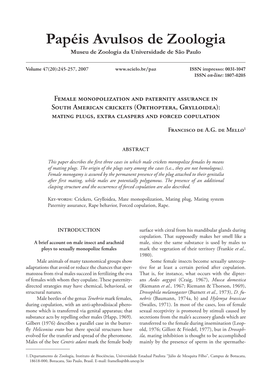 Female Monopolization and Paternity Assurance in South American Crickets (Orthoptera, Grylloidea): Mating Plugs, Extra Claspers and Forced Copulation