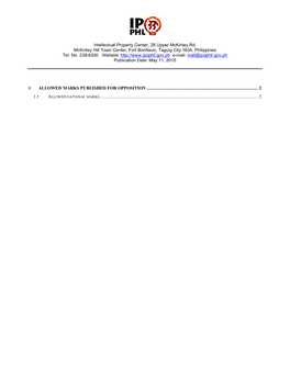 Intellectual Property Center, 28 Upper Mckinley Rd. Mckinley Hill Town Center, Fort Bonifacio, Taguig City 1634, Philippines Tel