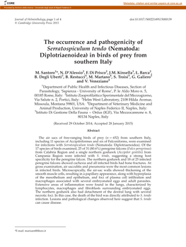 The Occurrence and Pathogenicity of Serratospiculum Tendo (Nematoda: Diplotriaenoidea) in Birds of Prey from Southern Italy